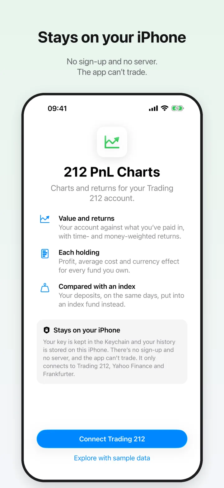 The welcome screen, with a choice to connect Trading 212 or explore with sample data.